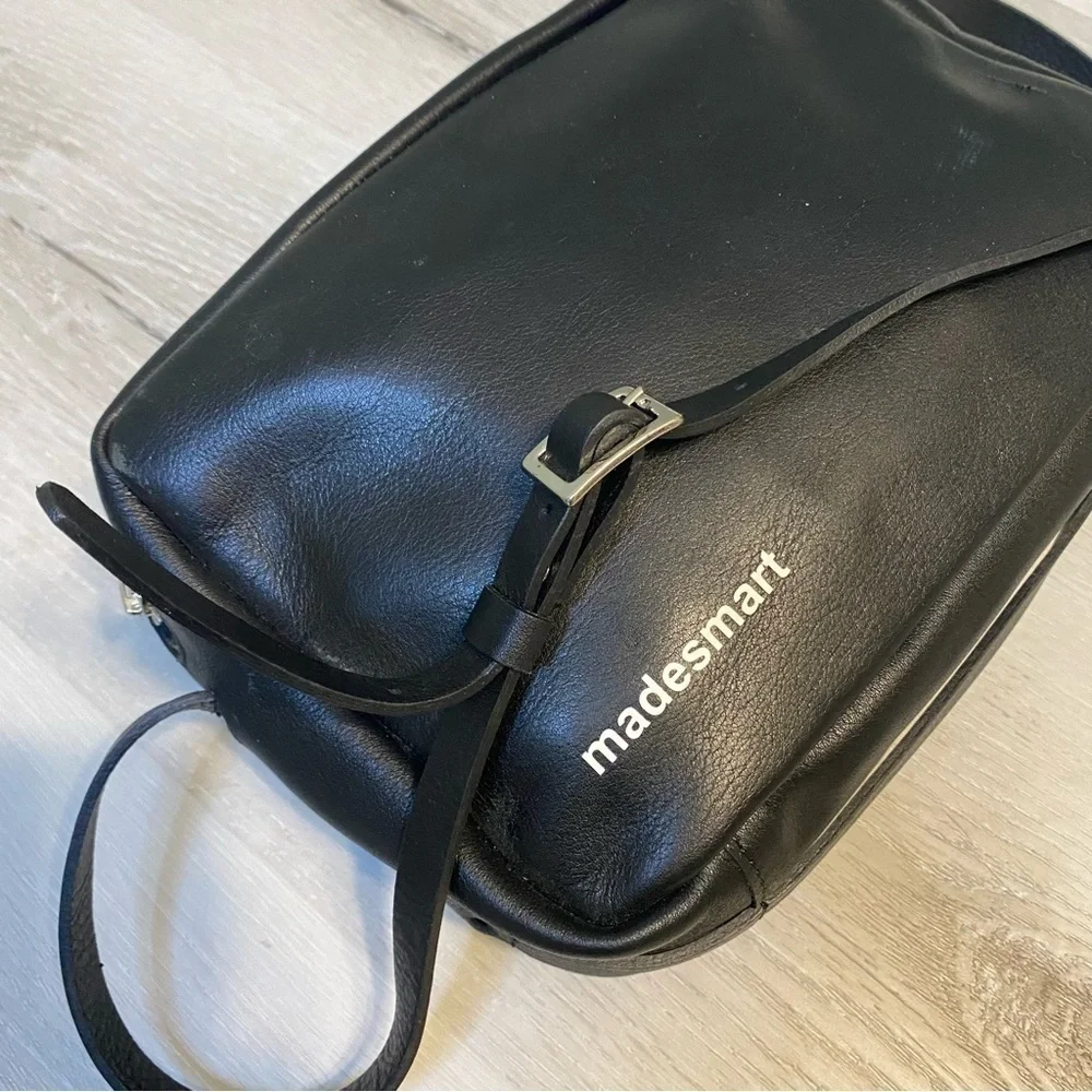 Madesmart Black Leather Zip Pouch Crossbody Bag, Made in Spain
